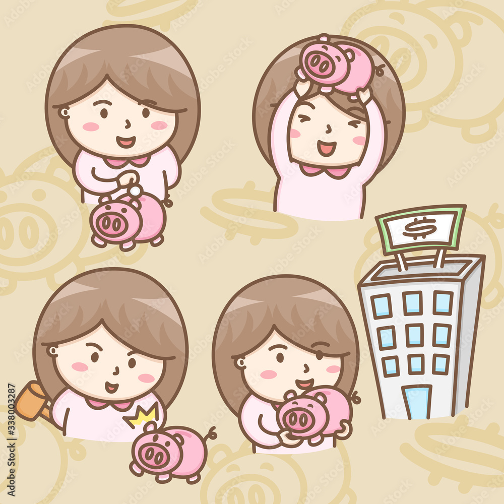 Design elements vector of cute little girl with pink piggy bank cartoon characters, Piggy bank can help kids to learn about saving money, Value of money. Design elements vector of cute little girl with pink piggy bank cartoon characters, Piggy bank can help kids to learn about saving money, Value of money.