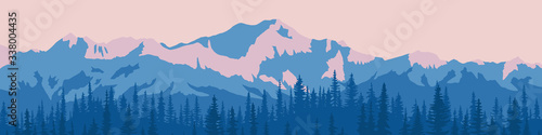 Vector illustration of mountains, panoramic view. Ridge in the morning haze, snow-capped peaks, forest. 