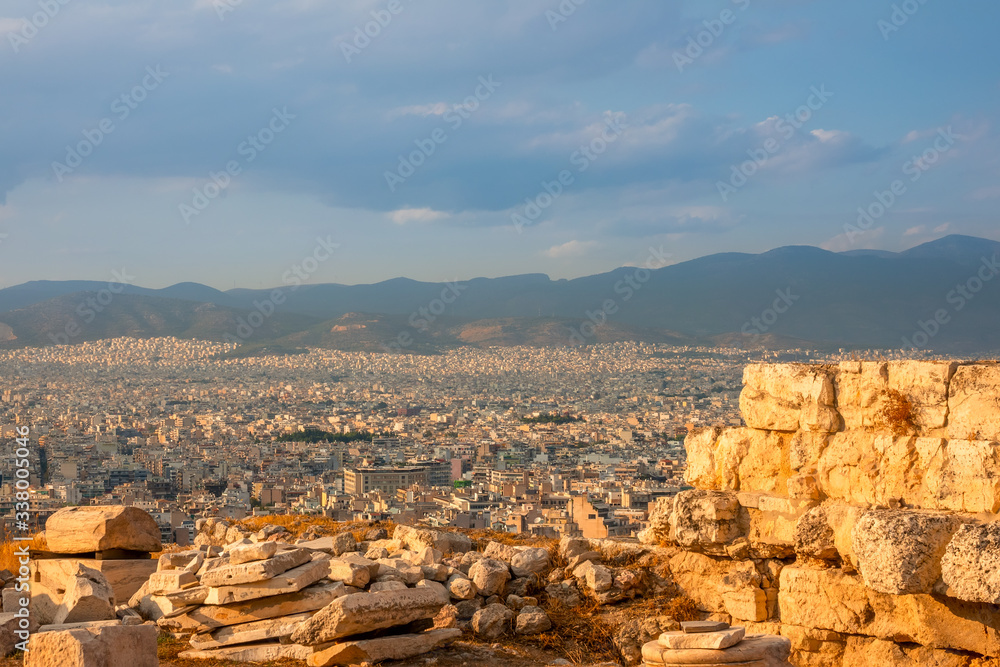 Marble Ruins and View of Athens at Sunset