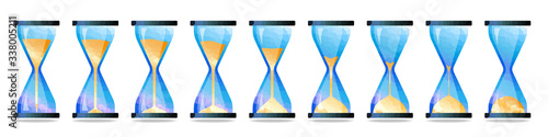 Sequence of hourglasses where time passes and the sand is pouring down.