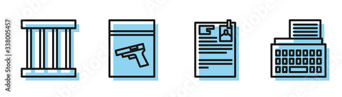 Set line Lawsuit paper, Prison window, Evidence bag and pistol or gun and Retro typewriter icon. Vector