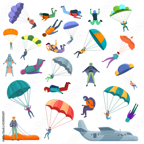 Parachuting icons set. Cartoon set of parachuting vector icons for web design photo