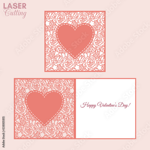 Laser cut template of fold card with heart on roses pattern. Sutable for brochures, wedding invitations or Valentine's Day greeting card. photo