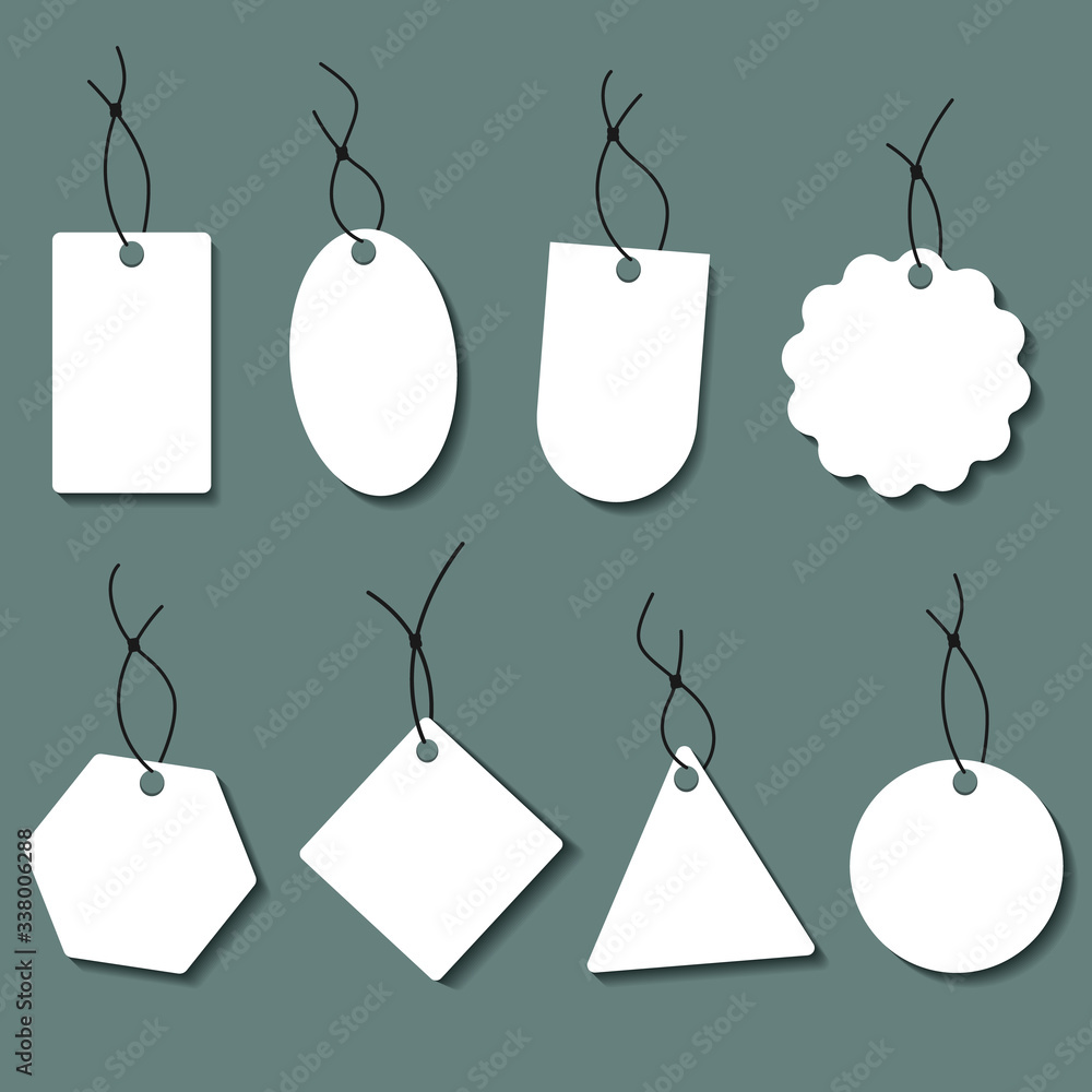 Set of labels with cord. Blank white price tags or gift tags in different shapes. Set of labels with cord. Blank white price tags or gift tags in different shapes.