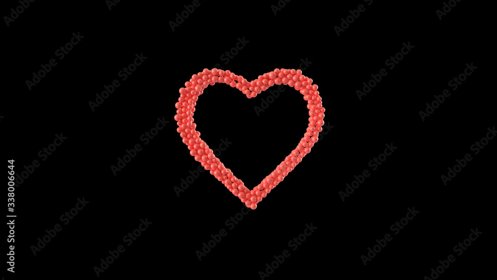 Heart shape made out of shiny sphere on black background. Valentine's Day. 3D rendering.