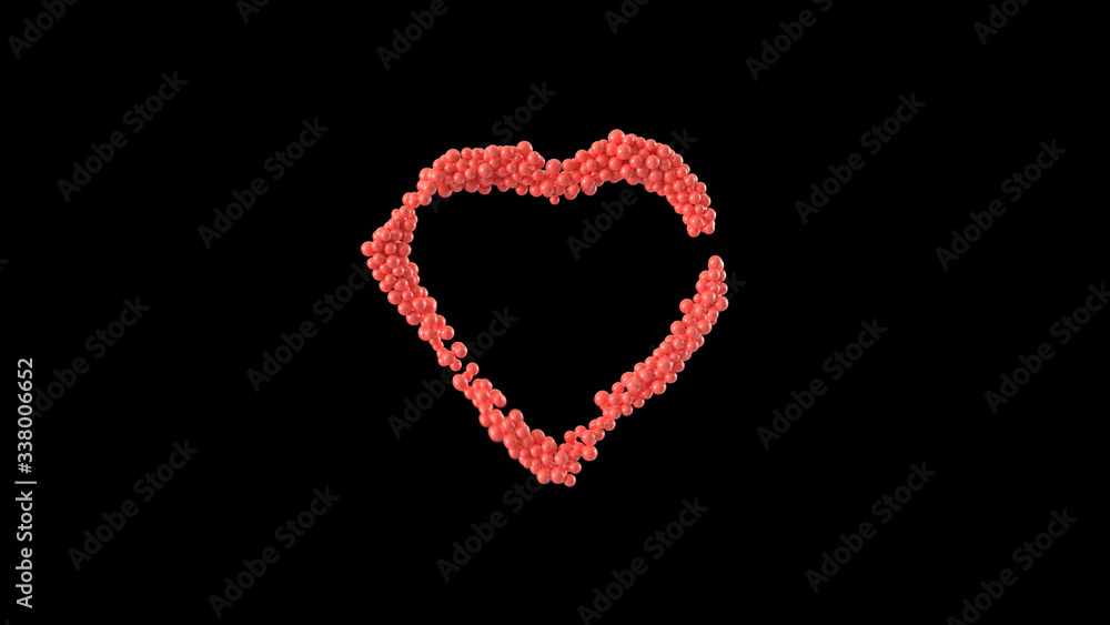 Heart shape made out of shiny sphere on black background. Valentine's Day. 3D rendering.