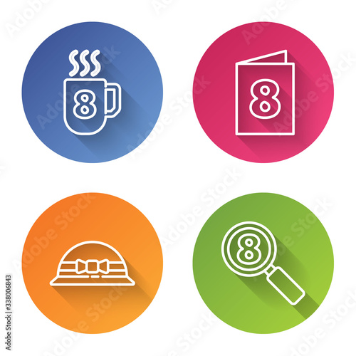 Set line Coffee cup with 8 March, Greeting card with 8 March, Elegant women hat and Search 8 March. Color circle button. Vector