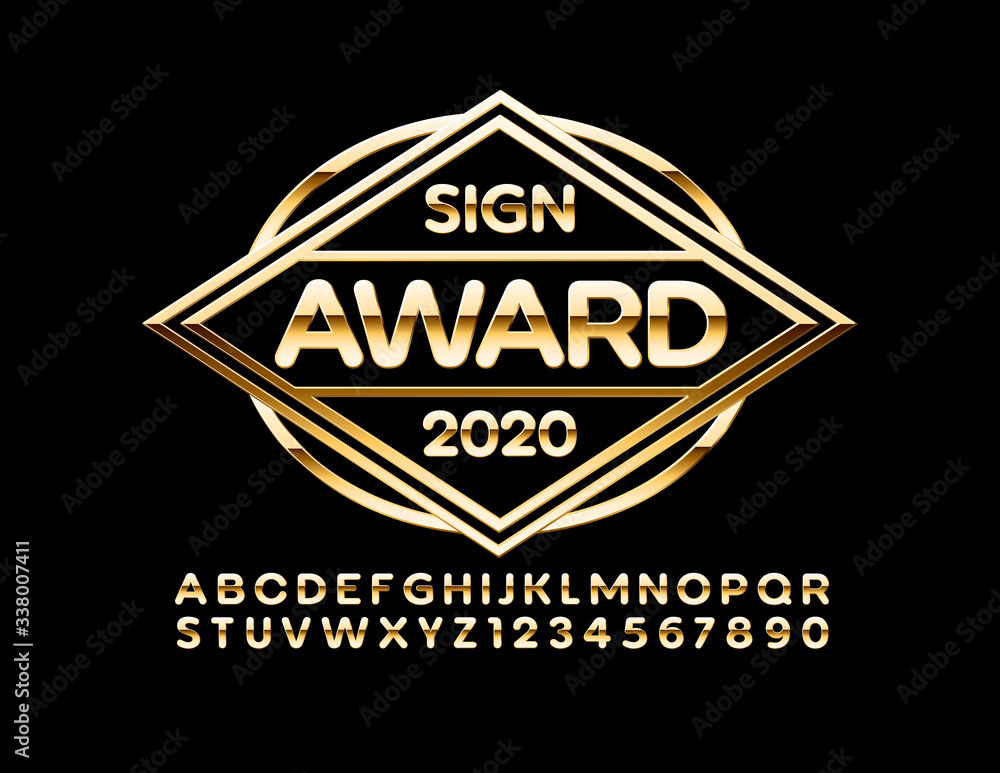 Vector Golden logo Award with stylish Font. Elite chic Alphabet Letters and Numbers