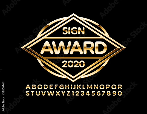 Vector Golden logo Award with stylish Font. Elite chic Alphabet Letters and Numbers