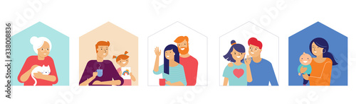 Stay at home, concept design. Different types of people, family, neighbors in their own houses. Self isolation, quarantine during the coronavirus outbreak. Vector flat style illustration stock