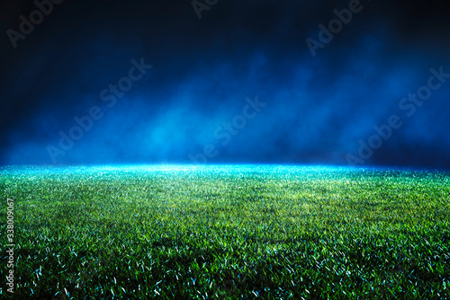 Night low view of maintained lawn at football stadium.