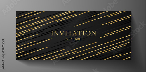 Luxury VIP invite card template with gold lines on black background. Deluxe golden pattern useful for premium formal design: lux Gift certificate, exclusive Voucher, rich Invitation card