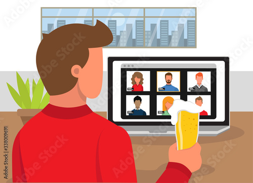 Close-up of a man from behind communicating by video conference and having a beer with friends. Virtual meeting. Video conference. Video chat.