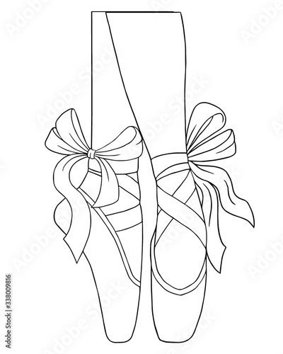 Black and white outline vector coloring book for adults. Legs of a ballerina in pointe shoes