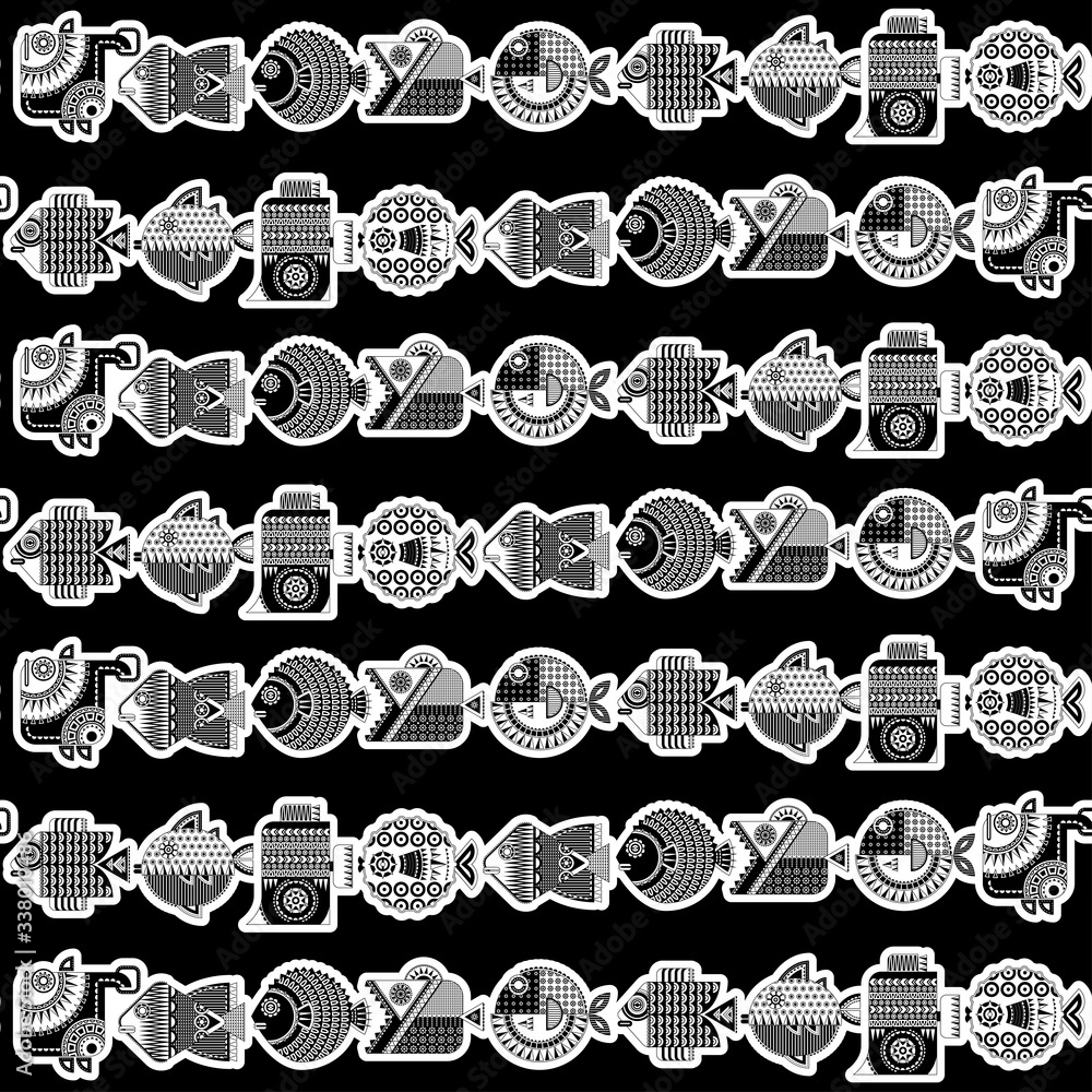 Fototapeta premium Black and white decorated fish in geometric style. Seamless background pattern. Vector illustration 
