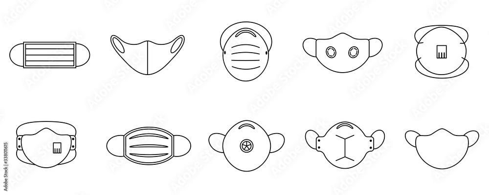 A set of medical face masks. Various protective masks against viruses, dust and respiratory diseases.Protection from coronavirus.Vector illustration, thin line.