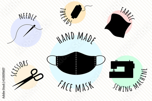 Hand made medical face mask. Items that are needed for sewing a protective face mask yourself.Needle and thread, spool of thread, fabric, sewing machine, scissors.Sew the mask yourself.Vector