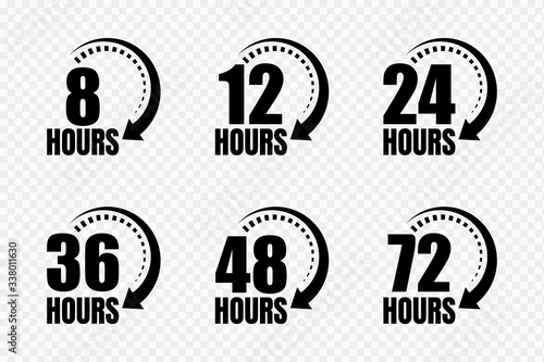 8, 12, 24, 48 and 72 hours clock arrow vector icons. Delivery service, online deal remaining time website symbols. Vector illustration.
