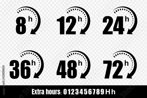 8, 12, 24, 48 and 72 hours clock arrow vector icons. Delivery service, online deal remaining time website symbols. Vector illustration.