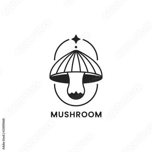Mushroom logo on white background. Mushroom line icon. Outline symbol with star. 