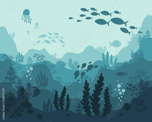 background underwater world, sea ocean, fish animals, algae and coral reefs, vector illustration