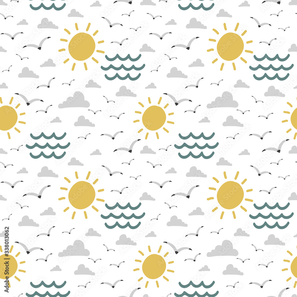 sun sea with birds seagull, vector seamless pattern, illustration sun sea with birds seagull, vector seamless pattern, illustration