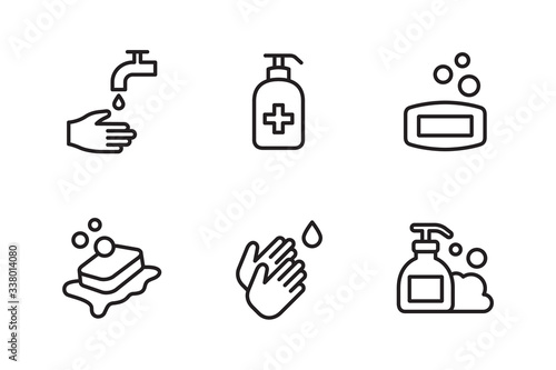 Washing hands icon set. Washing instruction, hand sanitizer, antiseptic, and soap. Vector graphic illustration. Suitable for website design, logo, app, template, and ui. Simple icon. Editable stroke.