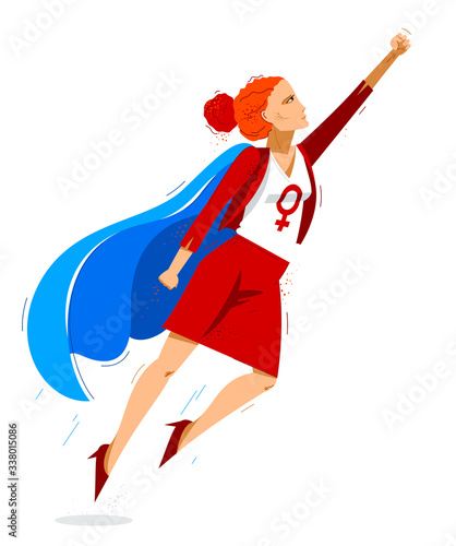 Feminist woman superhero vector illustration, social justice warrior, struggle fight for rights, girl power, grl pwr. photo