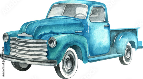 Watercolor retro truck. Hand painted vintage retro car illustration perfect for thanksgiving card making, wedding invitation and fall autumn postcards 