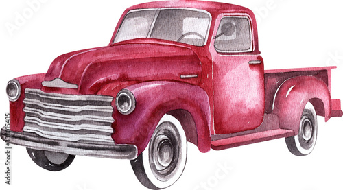 Watercolor retro truck. Hand painted vintage retro car illustration perfect for thanksgiving card making, wedding invitation and fall autumn postcards 