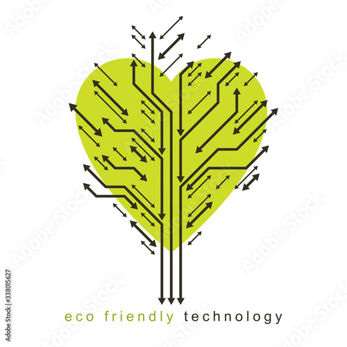 Art vector illustration of digital tree in shape of loving heart made using lines mesh and arrows as branches. Nature resources technology concept.