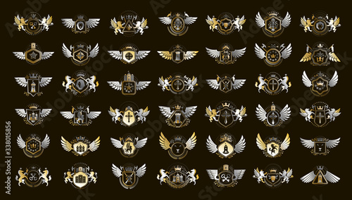 Classic style emblems big set, ancient heraldic symbols awards and labels collection, classical heraldry design elements, family or business emblems.