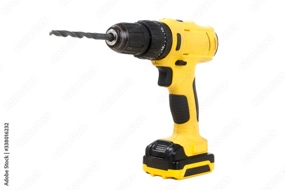 Yellow Cordless drill holding with Hand  isolated on white background. COPY SPACE