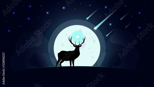 Deer silhouette on moon with falling star at starry night