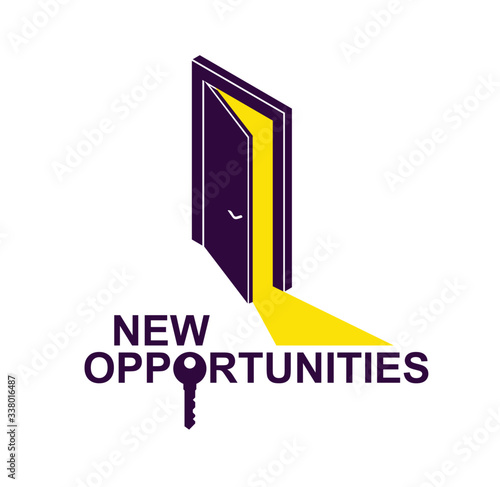 Half open door vector concept of new opportunities, step into future metaphor, start of new business or career, mysterious secret door allegory.