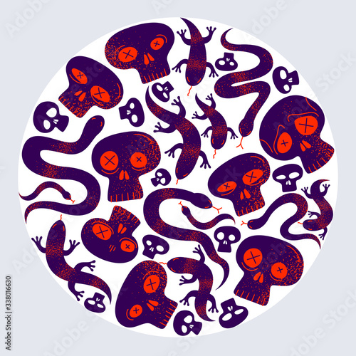 Skulls with lizards and snakes round composition in a circle vector design illustration, death sculls horror and fear theme concept, hard rock subculture style.