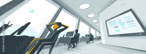 Office interior in distorted perspective with employees and one man is dreaming about travel to vacations vector illustration, modern workplace work routine tired man.