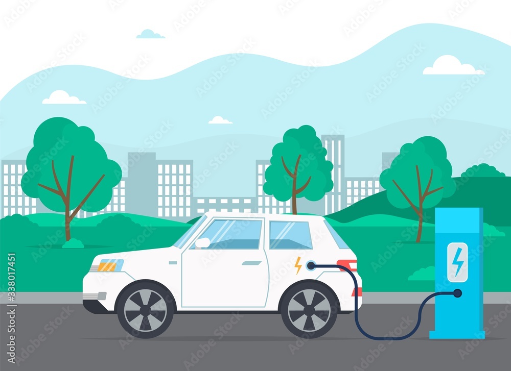 Electric Car in Charging Station vector illustration.