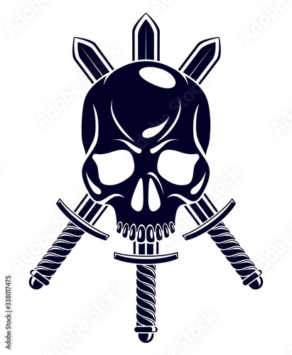 Aggressive skull pirate emblem Jolly Roger with weapons, vector vintage style logo or tattoo dead head.