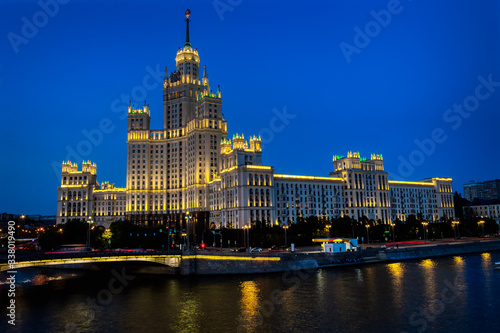 The building on Kotelnicheskaya embankment, the first of seven Stalinist high-rises in the late evening. Built in the Stalinist style with a view of the Moscow river.