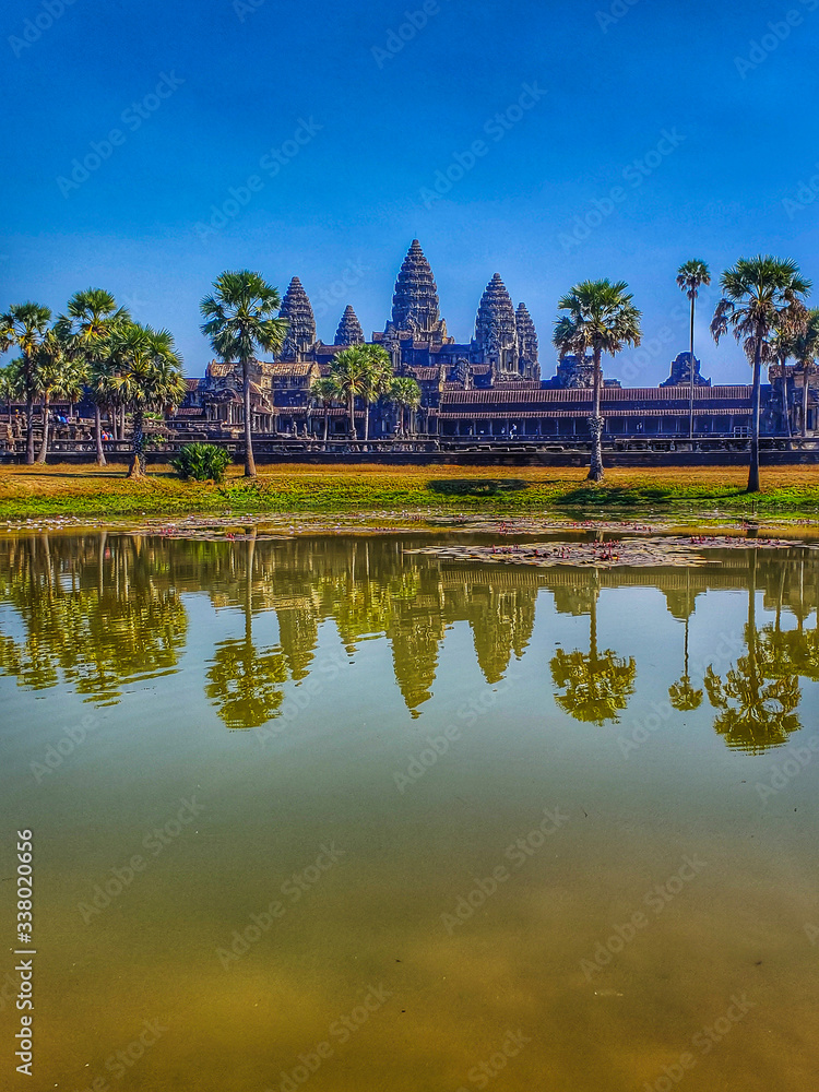 Siem Reap, Cambodia, December 29, 2019: Angkor Wat temple water