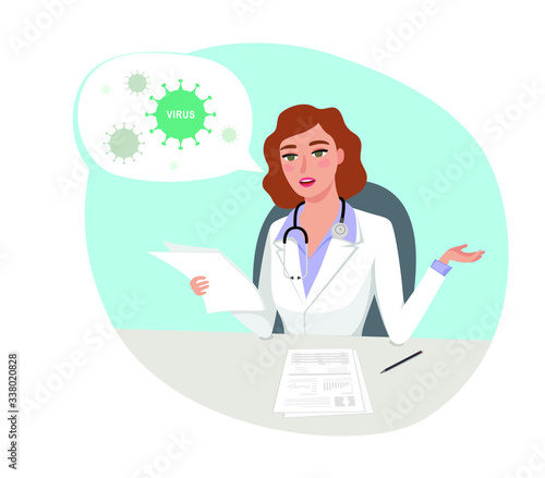 Coronavirus (COVID-19) outbreak and facts analysis. Female Doctor epidemiologist struggling to contain the disease. Quarantine, hospital treatment, health care system overwhelm.