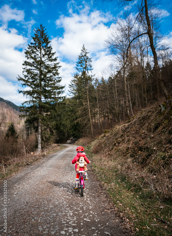 Fototapeta premium Five year old girl rides a pink bike in a forest in the mountains of German Harz