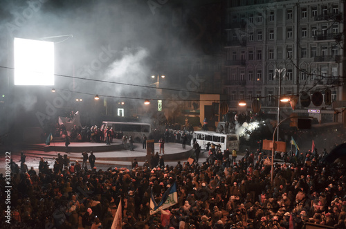 UKRAINE, KYIV - January 19, 2014: The centre of the city after the Ukrainian revolution of 2014, the Euromaidan Revolution, Revolution of Dignity photo