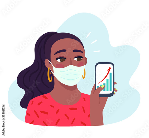 Coronavirus (COVID-19) outbreak media coverage rising public panic. Woman checking news update on mobile phone. Social media misinformation.