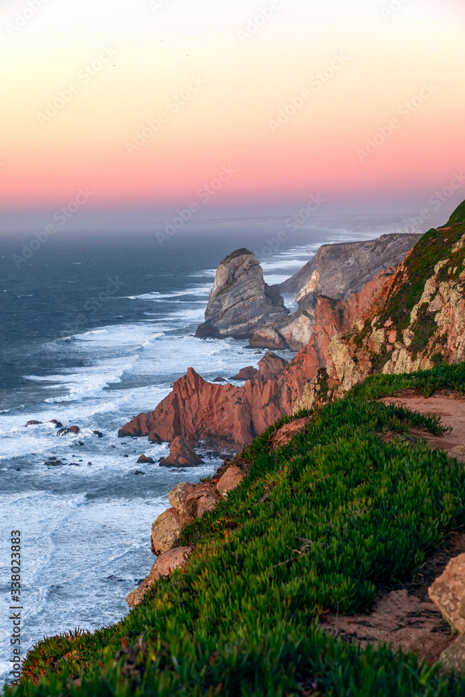 The cliffs of Cabo da Roca at sunset. The westernmost point of Europe. Sintra, Portugal.