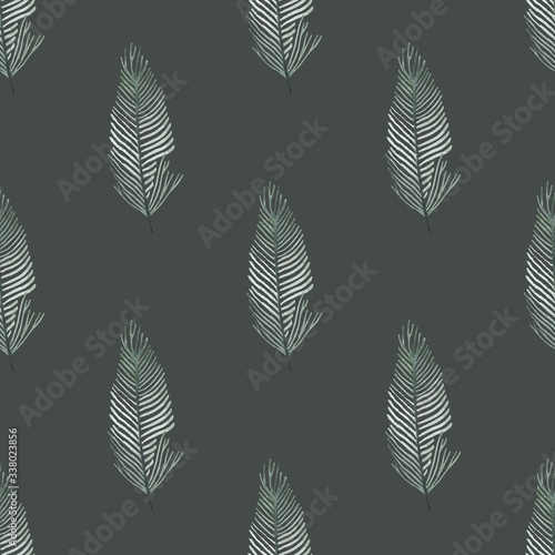 Beige seamless pattern with hand-drawn white feathers