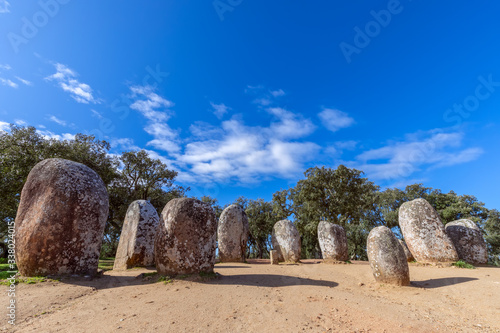 Panoramic view of the megalithic complex Almendres Cromlech (Cromelelique dos Almendres) Evora, Alentejo Region, Portugal