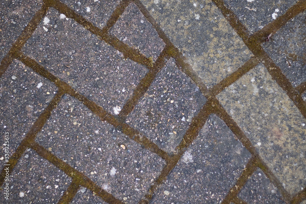 Weathered grey patio slabs in herringbone pattern with moss between blocks Weathered grey patio slabs in herringbone pattern with moss between blocks