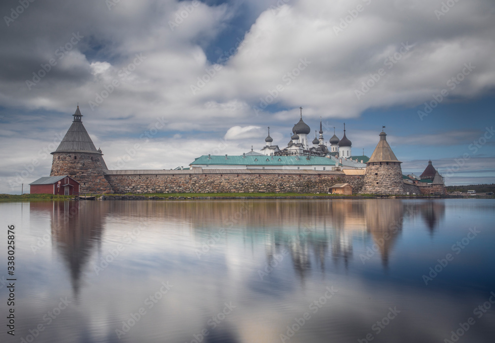 Sunset view of the Solovetsky Spaso-Preobrazhensky Transfiguration Monastery. White Sea, Russia, Arkhangelsk region, Solovki island